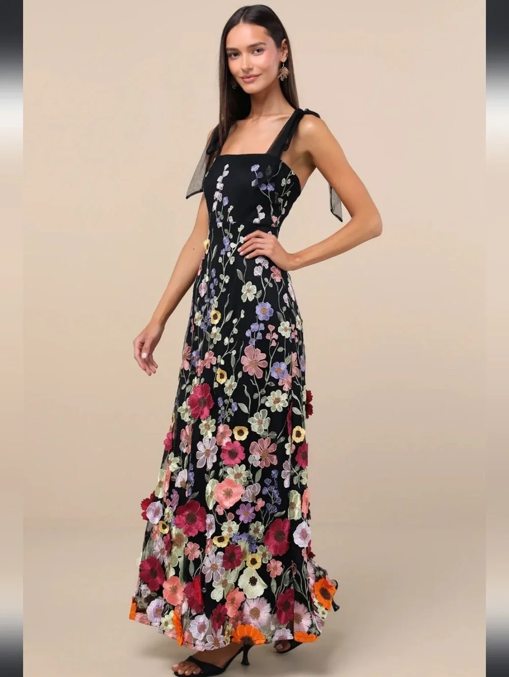 Lulus Thriving Poise Black 3D Floral Embroidered Tie-Strap Maxi Dress - Picture 9 of 16